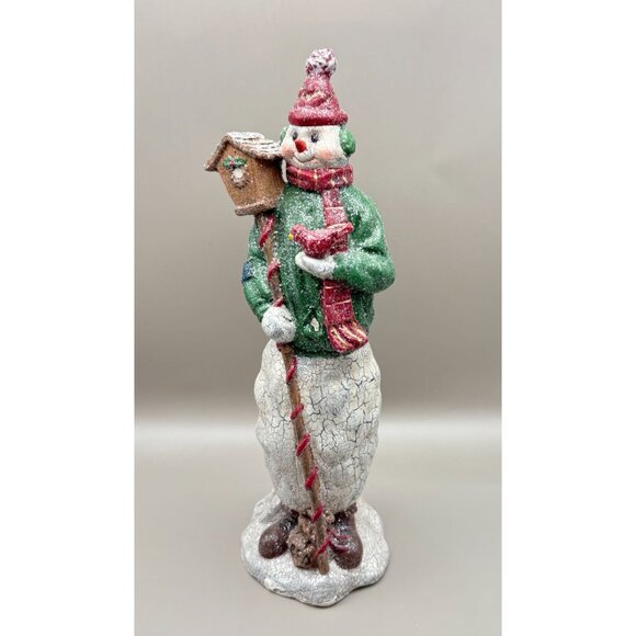 Vintage Snowman Christmas Figurine Birdhouse & Cardinal Bird Crackle Finish - Picture 9 of 9